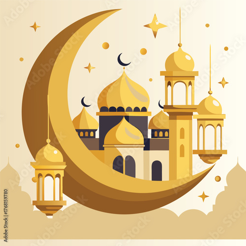 Golden Mosque with Crescent Moon and Star,Islamic Ramadan and Eid Mubarak Illustration