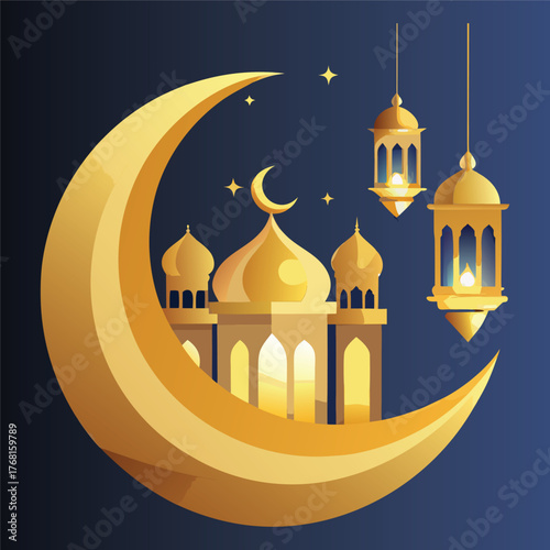 Golden Mosque with Crescent Moon and Star,Islamic Ramadan and Eid Mubarak Illustration