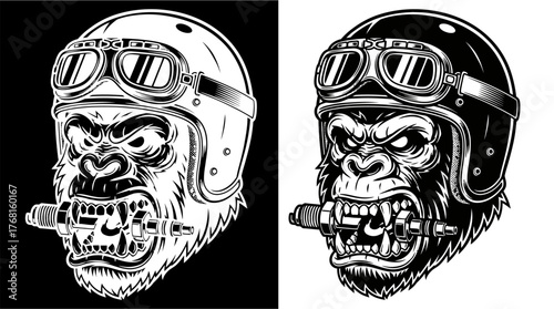 Black and white illustration of a gorilla wearing a vintage motorcycle helmet and goggles.