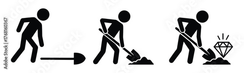 Stickman digs the ground with a shovel, a person finds a treasure, a set of icons showing work and reward