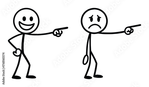 sad and happy man shows the direction, a set of stickman stick figures people, point with a finger