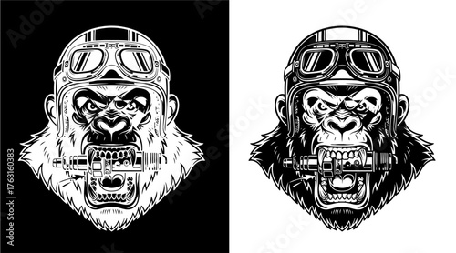 Illustration of a gorilla wearing goggles and holding a bicycle pedal in its mouth.