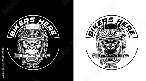 Bikers Here logo featuring a gorilla wearing a helmet and goggles.