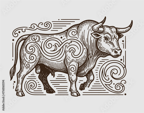 An intricately illustrated bull with decorative swirling patterns etched onto its body, presented in a vintage engraving style.