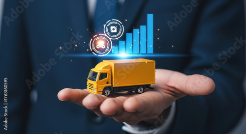 Tiny Yellow Truck Hand Business Suit Delivery Logistics Icon Graphic Digital Graph Chart Development Expansion Progress