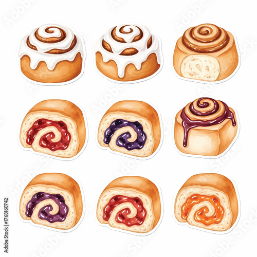 Assorted sweet and fruity cinnamon swirl pastries