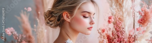 Serene Blonde Woman's Profile, Eyes Closed, Amidst Romantic Pink Floral Dreamscape
