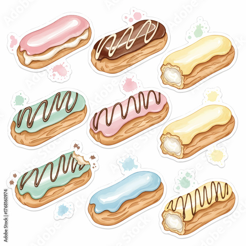 Colorful eclairs on white background