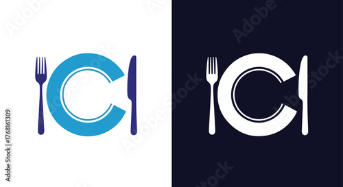 Restaurant letter c logo with fork knife and plate icon - Vector icon symbol for website - Icon vector - Blue icon