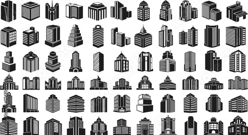 Mega Bundle of Black City Building and Skyscraper Silhouette Icons Vector Set