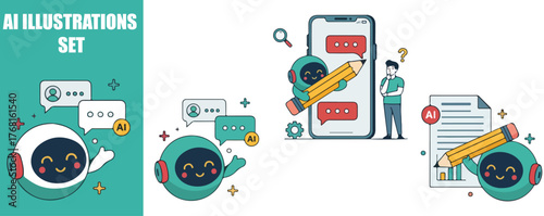AI Chat Bot and Neural Network Technology Set. Scenes of Characters Communicating with Artificial Intelligence Assistant. Vector Illustration.