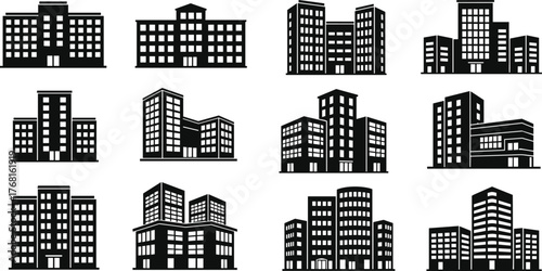 Set of Black City Building and Apartment Silhouette Icons Vector Illustration
