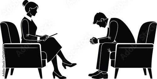 Mental health therapy session with therapist and patient silhouette