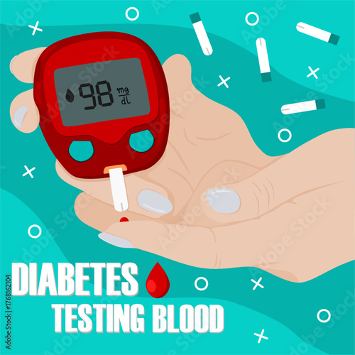 Patient measuring blood glucose level with portable glucometer device