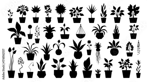 A collection of potted plants in flat black silhouettes, centered on a white background. The plants vary in shape — leafy, spiky, and hanging types — each in unique pots. Arranged neatly in a grid lay