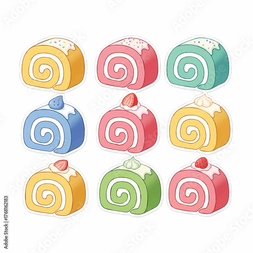 Colorful cartoon swiss rolls with cream and fruits