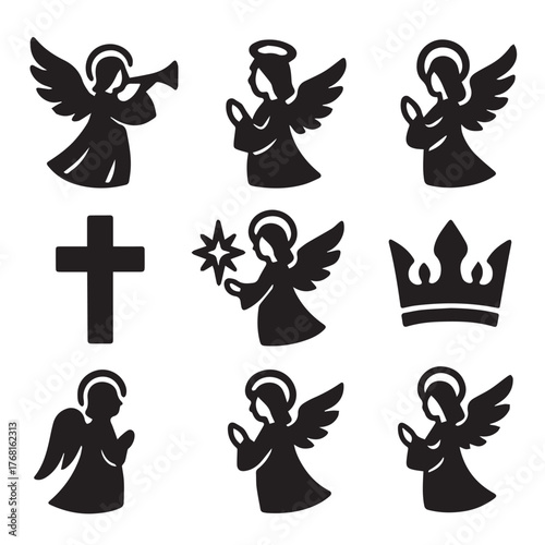 ?Epiphany Black paper-cut design set ? 9 shadow-style icons with angels, cross, and crown.?.eps