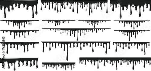 Mega Set of Black Dripping Paint and Liquid Borders Vector Illustration