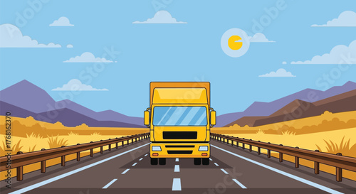 Yellow delivery truck driving on highway road transportation concept