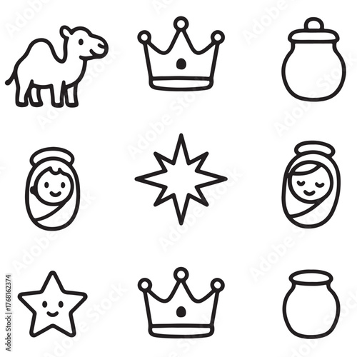 ?Epiphany cartoon bundle ? 9 cute vector elements camel, crown, jar, baby Jesus, star, and halo.?.eps