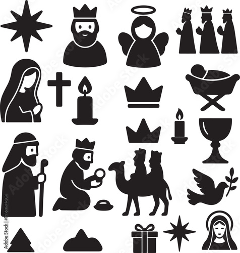 Epiphany minimalist black icons silhouette symbols with clean modern shapes.