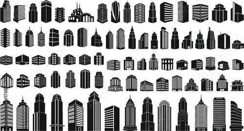Mega Bundle of Black City Building and Skyscraper Silhouette Icons Vector Set
