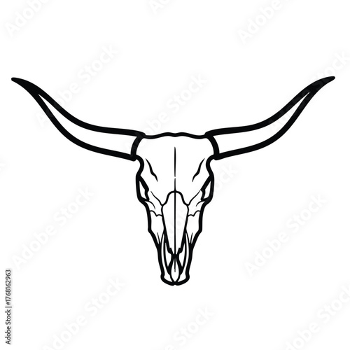 Minimalist Line Drawing of a Longhorn Skull with Curved Horns and Detailed Bone Structure