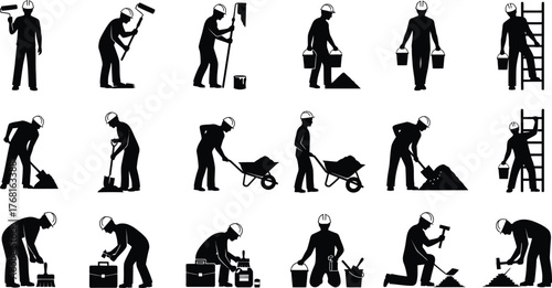 Construction workers silhouettes vector set of building tradesmen icons