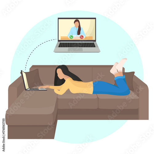 Video call on laptop girl laying on sofa and watching laptop answer or deny vibrant flat illustration