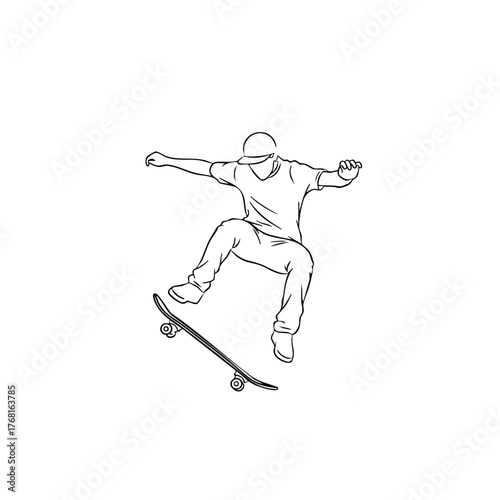 Dynamic skateboarder performing an aerial trick in mid-air with a clear sky , showcasing athleticism and skill in extreme sports