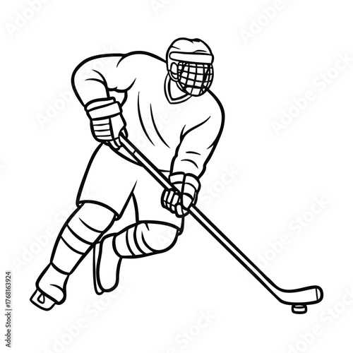 Ice hockey player in action on the ice rink wearing protective gear and skating swiftly with a hockey stick