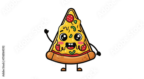 Adorable pizza slice cartoon character waving hello against a clean white background