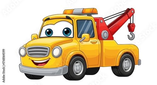 Cartoon tow truck with friendly face is ready to provide roadside assistance and recovery services
