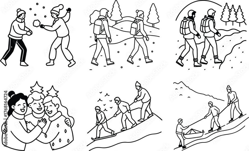 Fototapeta premium Christmas Tree and Decoration Line Art Bundle – Holiday Outline Vector Clipart