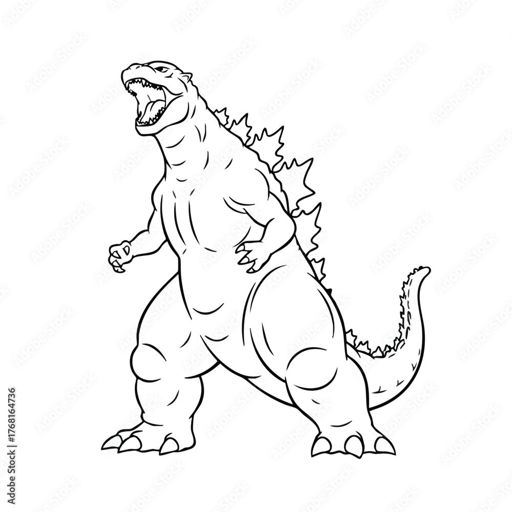 Fototapeta premium Powerful and imposing creature resembling a giant reptilian monster with sharp claws, spiked tail, and fierce expression in a dynamic stance