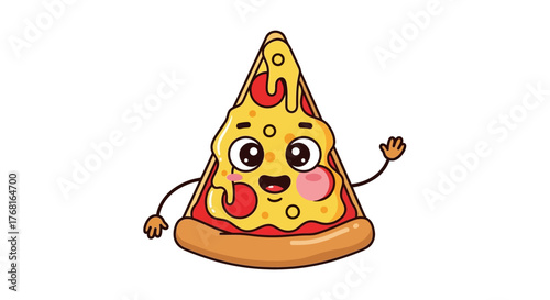 A delightful pizza slice cartoon character with a friendly wave invites you to indulge in