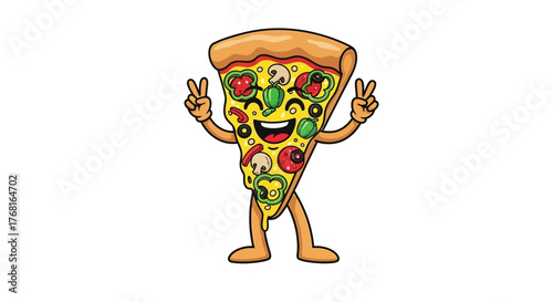 Joyful pizza slice character striking a peace sign pose on a clean white background