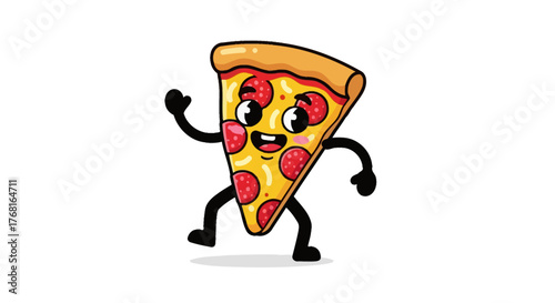 Whimsical pepperoni pizza slice character playfully dancing on a clean white canvas creating a