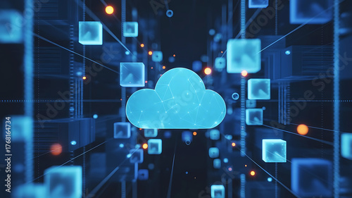 Abstract cloud technology network with geometric shapes connecting to a central digital cloud hub