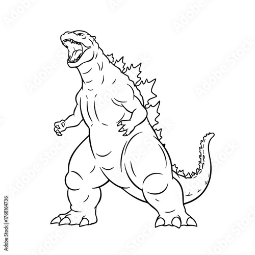 Powerful and imposing creature resembling a giant reptilian monster with sharp claws, spiked tail, and fierce expression in a dynamic stance