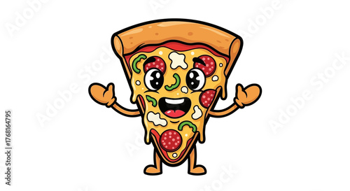 Delightful Pizza Slice Cartoon Character Spreading Joy and Culinary Happiness Design