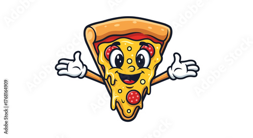 Delightful pizza slice cartoon character cheerfully welcomes with open arms and melting cheese