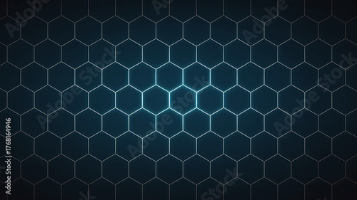 Abstract futuristic dark blue background with glowing hexagonal grid pattern representing connectivity and technology