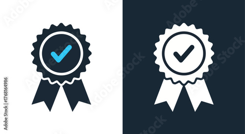 Award ribbon icon with checkmark symbol for website use - Vector icon symbol for website - Icon vector - Blue icon