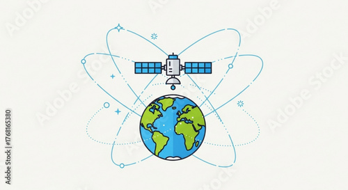 Illustration of a satellite orbiting the earth, the satellite is depicted with solar panels and antennas, orbiting the globe