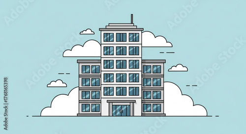 Illustration of a modern office building with clouds on a blue sky background, representing corporate headquarters or business center in a simple style