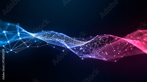 Abstract networking connections with digital structure and blue and red hues on dark background
