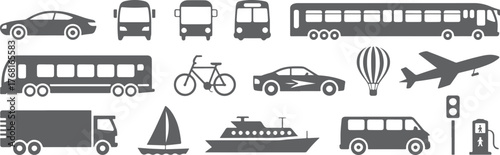 Transportation modes vector icons set car bus airplane ship and more vehicles