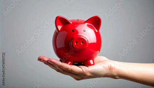 Glossy red piggy bank in hand against neutral gray background, symbol of savings and budgeting.