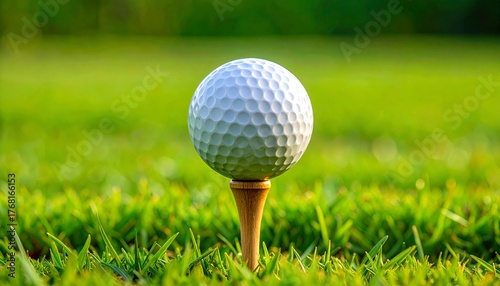White golf ball on wooden tee, close-up on green turf with solid green backdrop.